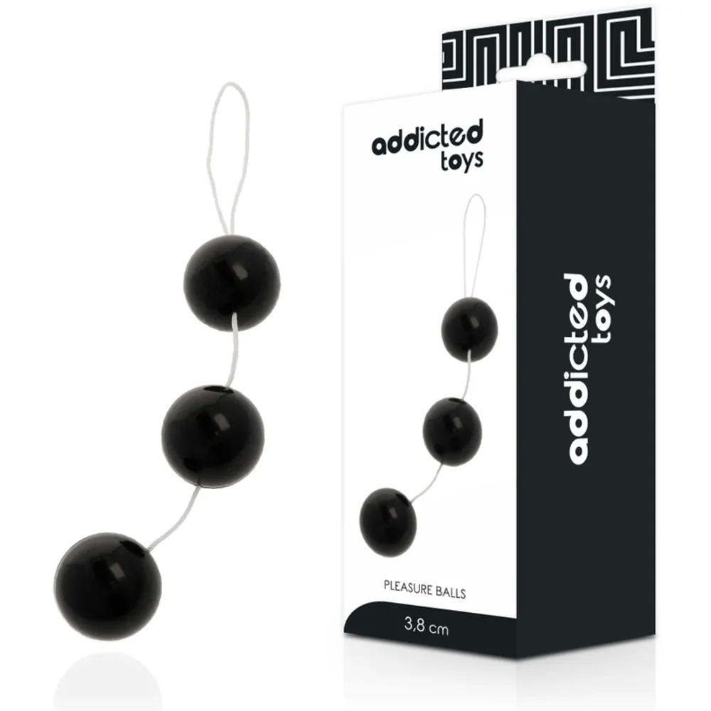 Trois boules noires rigides graduées reliées par un cordon blanc avec boucle, présentées à côté de leur emballage Addicted Toys indiquant 3,8 cm