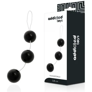 Trois boules noires rigides graduées reliées par un cordon blanc avec boucle, présentées à côté de leur emballage Addicted Toys indiquant 3,8 cm