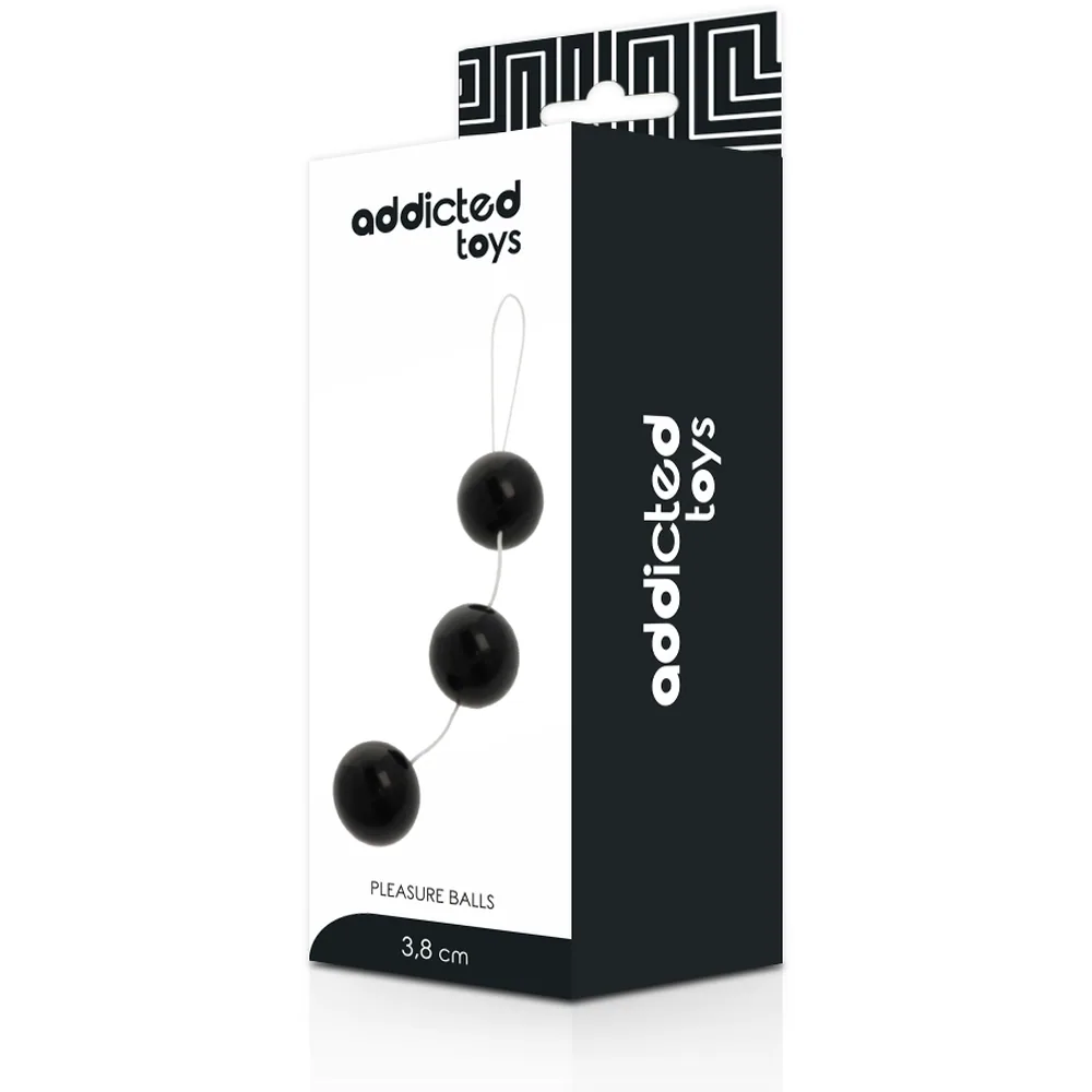 Trois boules noires rigides graduées reliées par un cordon blanc avec boucle, présentées à côté de leur emballage Addicted Toys indiquant 3,8 cm