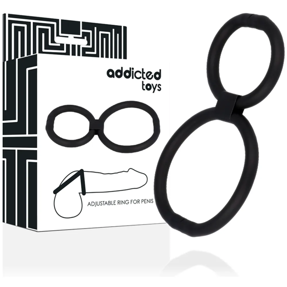 Emballage des anneaux réglables Addicted Toys en silicone noir, avec illustration de deux anneaux interconnectés et anneau unique sur la droite