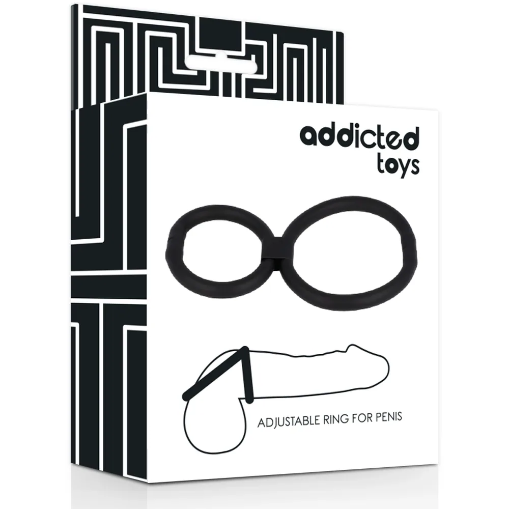 Emballage des anneaux réglables Addicted Toys en silicone noir, avec illustration de deux anneaux interconnectés et anneau unique sur la droite