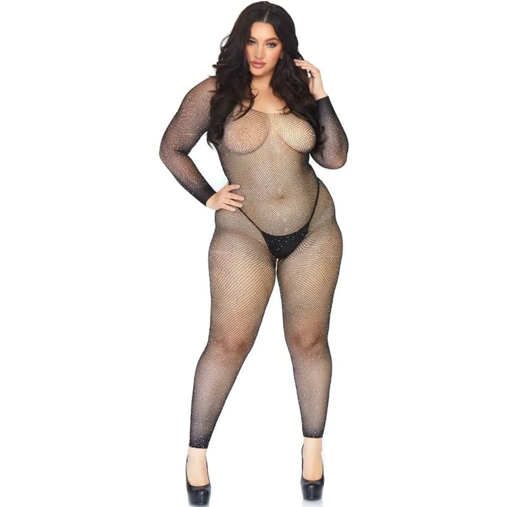 Bodystocking en résille paillette beige et noir, manches longues, porté sur fond blanc