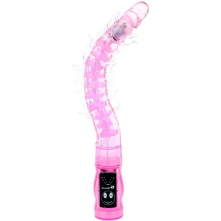 Vibromasseur rose transparent avec tige flexible garnie de picots, embout arrondi, boîtier de commande noir à la base sur fond blanc