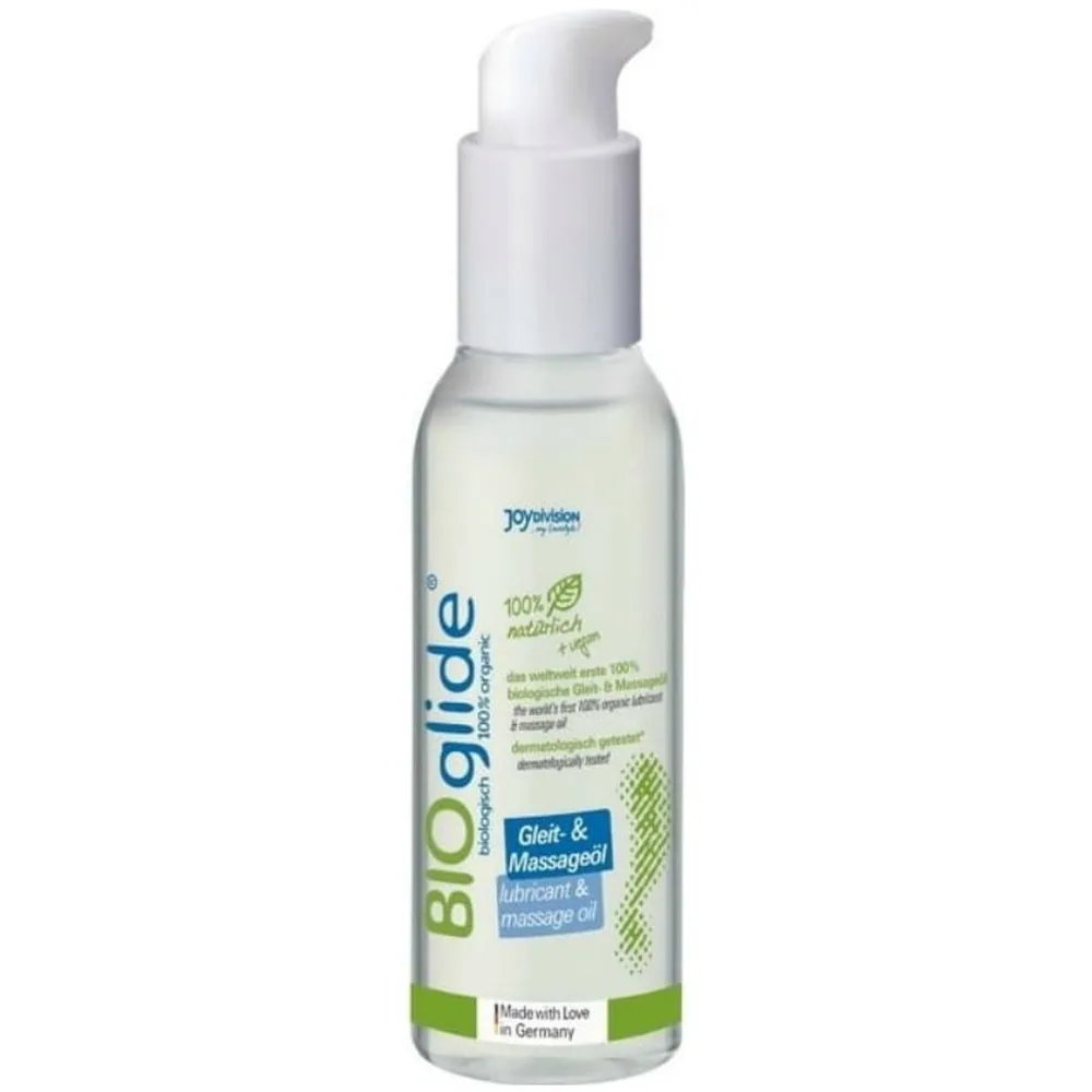 Flacon de lubrifiant Bioglide 125 ml avec pompe blanche, liquide transparent clair, étiquette verte indiquant formule bio naturelle et usage lubrifiant & massage