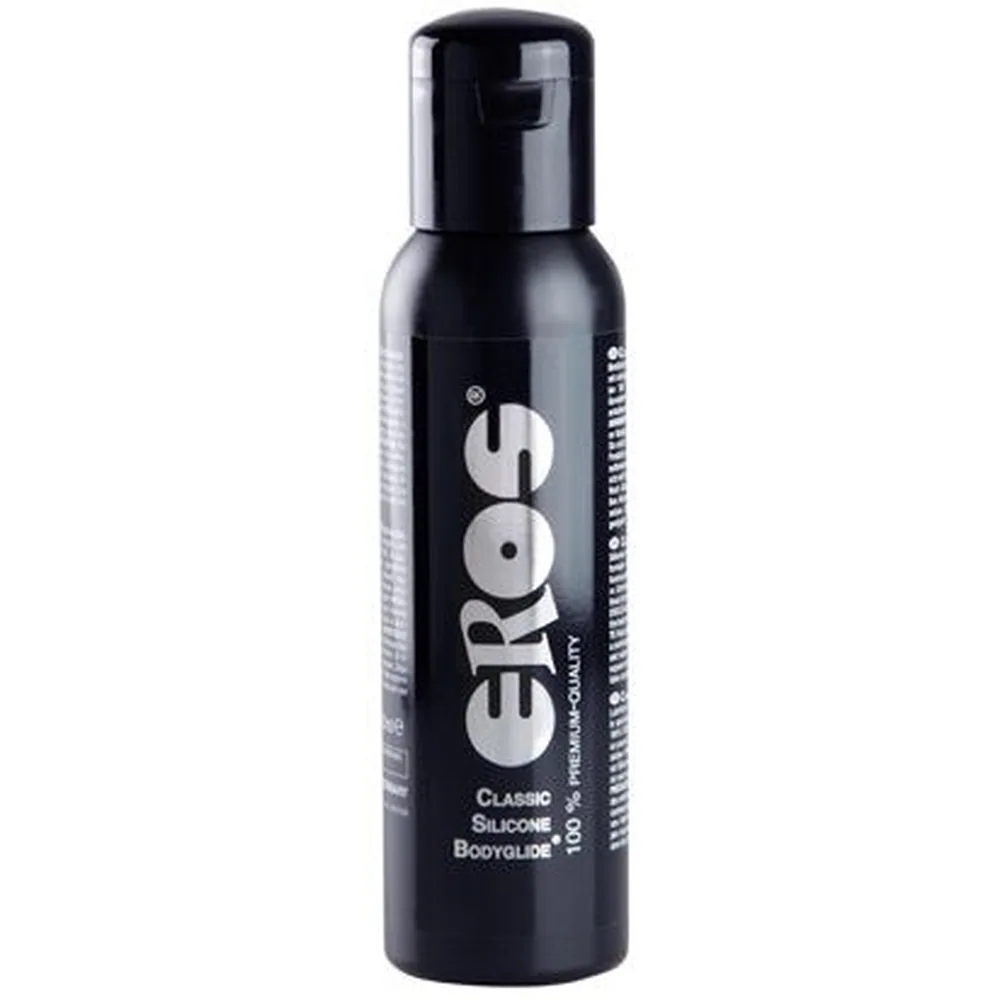 Flacon noir de lubrifiant silicone Eros avec bouchon doseur, étiquette blanche affichant « Classic Silicone Bodyglide »