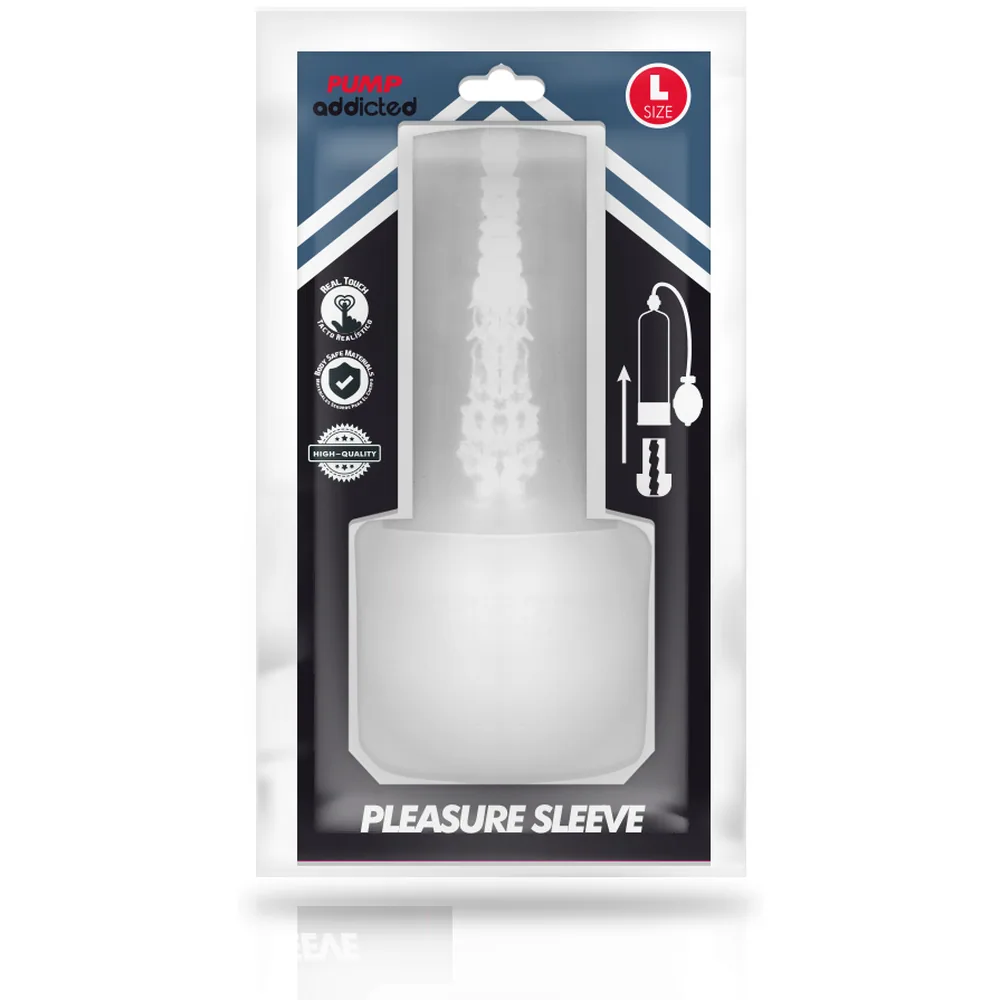Manchon transparent avec texture en relief visible à l'intérieur, base arrondie blanche, présenté en emballage noir et blanc de marque Addicted