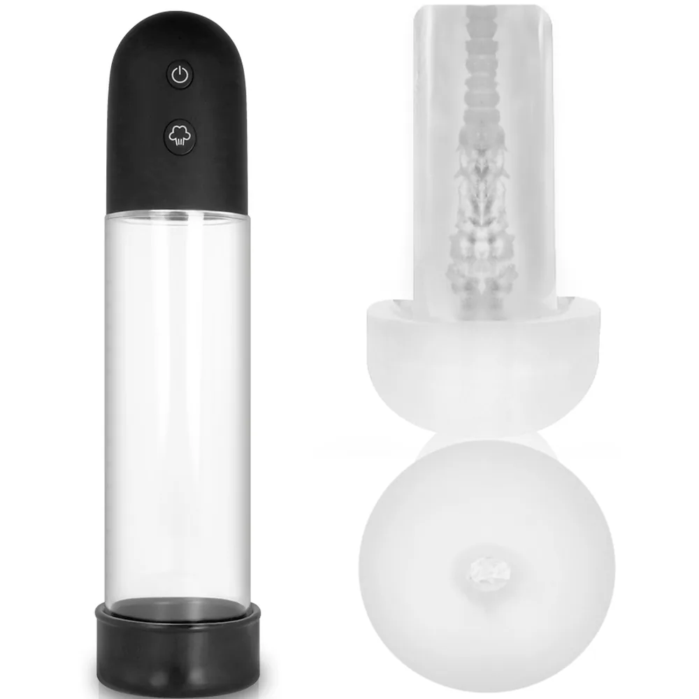 Pompe à pénis automatique noire et transparente avec manchon en silicone blanc, accompagnée de son emballage et d'accessoires sur fond blanc