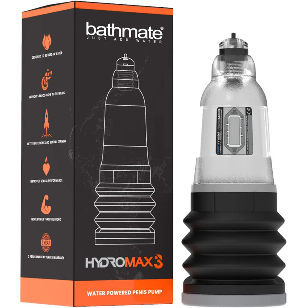 Emballage et pompe à pénis Hydromax3 transparent avec base noire, cylindre en acrylique clair, valve de remplissage supérieure et système d'étanchéité segmenté
