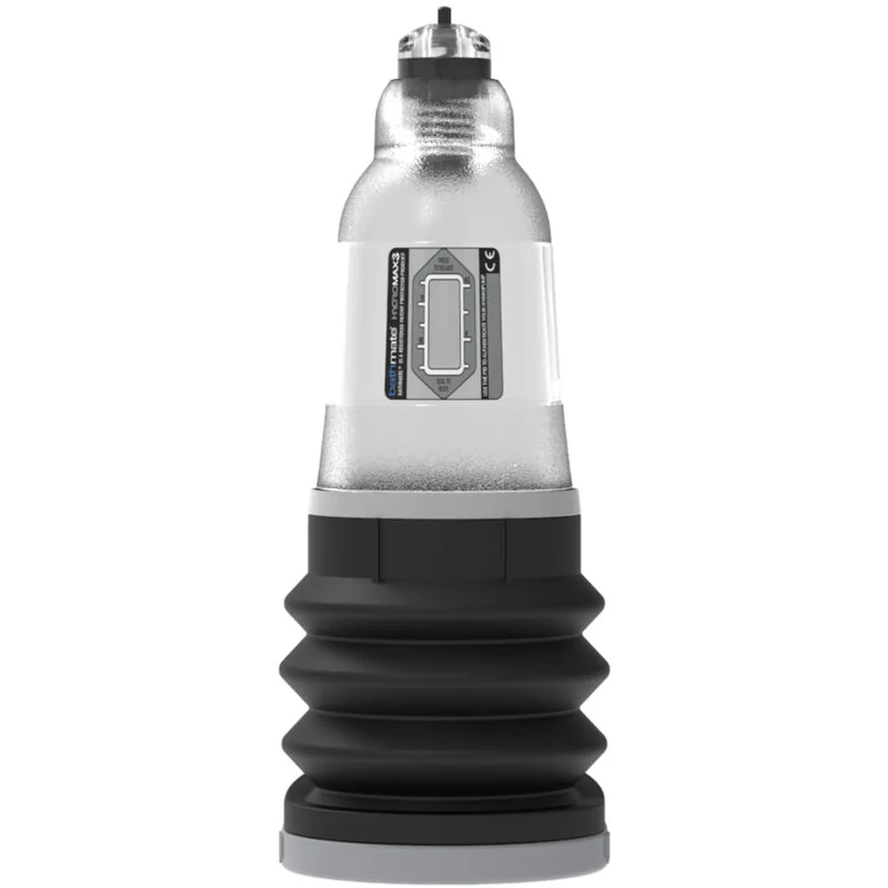 Emballage et pompe à pénis Hydromax3 transparent avec base noire, cylindre en acrylique clair, valve de remplissage supérieure et système d'étanchéité segmenté