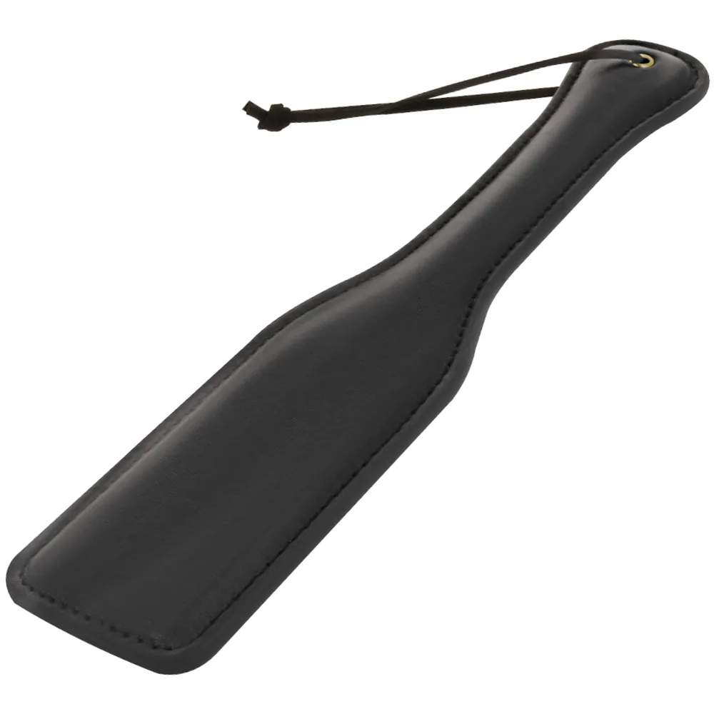 Pelle noire en cuir avec manche long et cordelette de suspension, vue de profil sur fond blanc