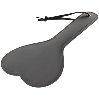 Paddle en silicone gris avec tête en forme de cœur et lanière noire de préhension, vue de profil sur fond blanc