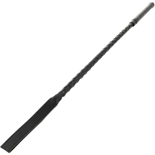 Fouet avec tige tressée gris anthracite, poignée noire plate et embout arrondi sur fond blanc