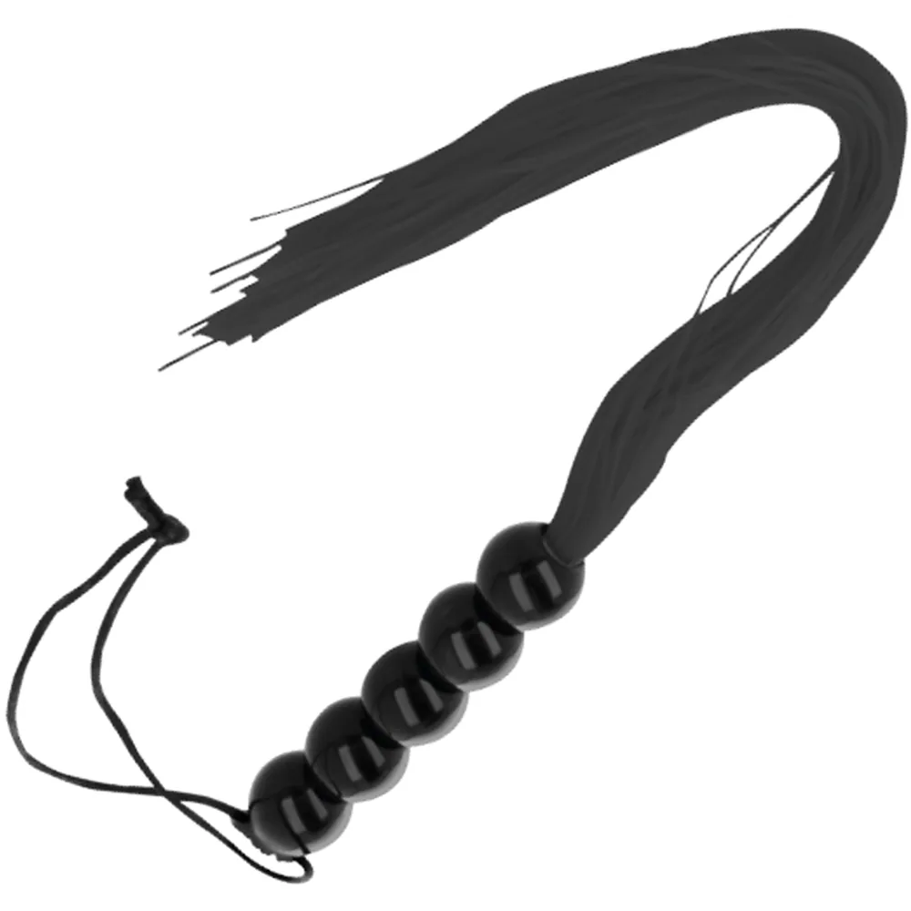 Fouet bondage noir à chute de fins filaments, manche orné de perles côtelées noires et poignée en corde tressée