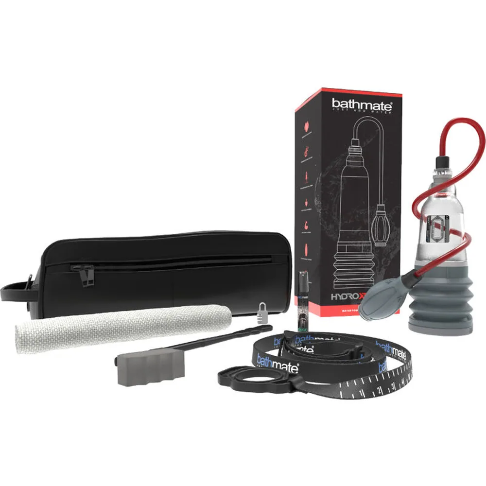 Pompe à pénis Bathmate HydroXtreme avec cylindre transparent à tube rouge, accompagnée de son emballage noir, d'une housse de rangement, d'accessoires et d'une bande de mesure