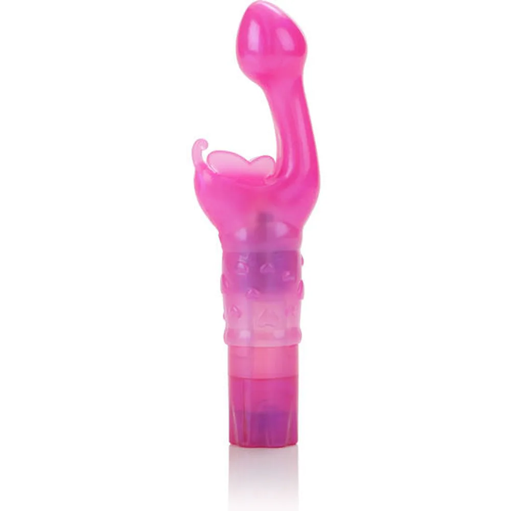 Mini-vibromasseur rose bonbon à double stimulateur, avec embouts arrondis et base texturée, dégradé de rose à mauve, sur fond blanc