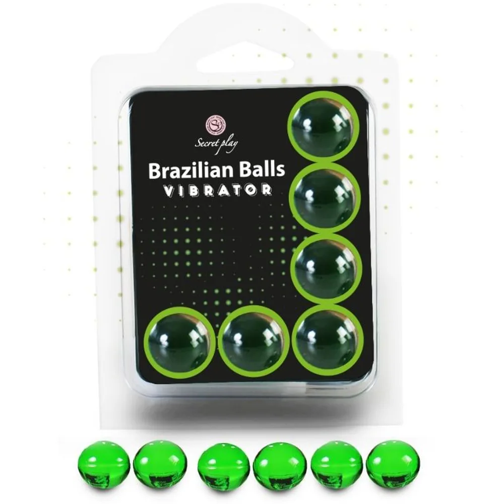 Emballage de boules brésiliennes vibrateur montrant six boules transparentes à liquide vert vif et anneau fluorescent, avec les boules détachées en rangée au-dessous
