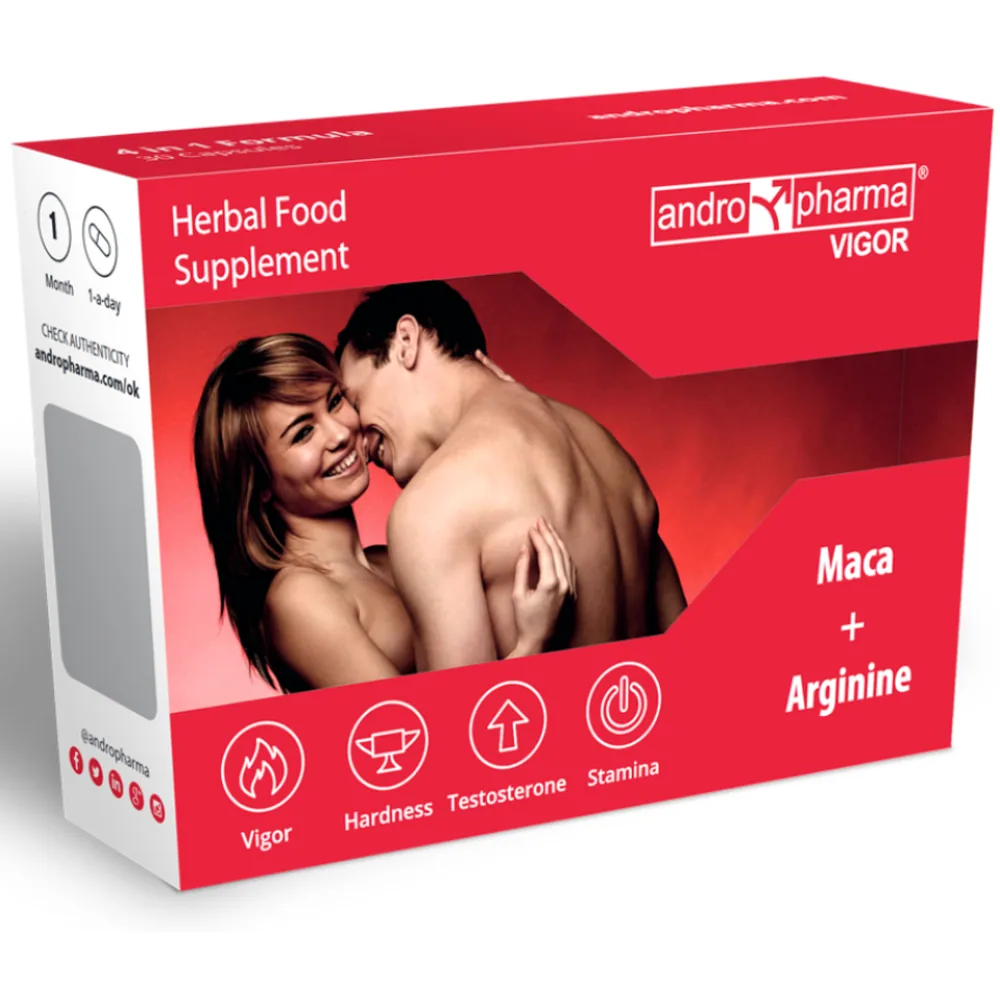 Boîte de complément alimentaire à base de plantes Andro Pharma Vigor rouge, présentant maca et arginine, avec pictogrammes de bénéfices sur fond blanc
