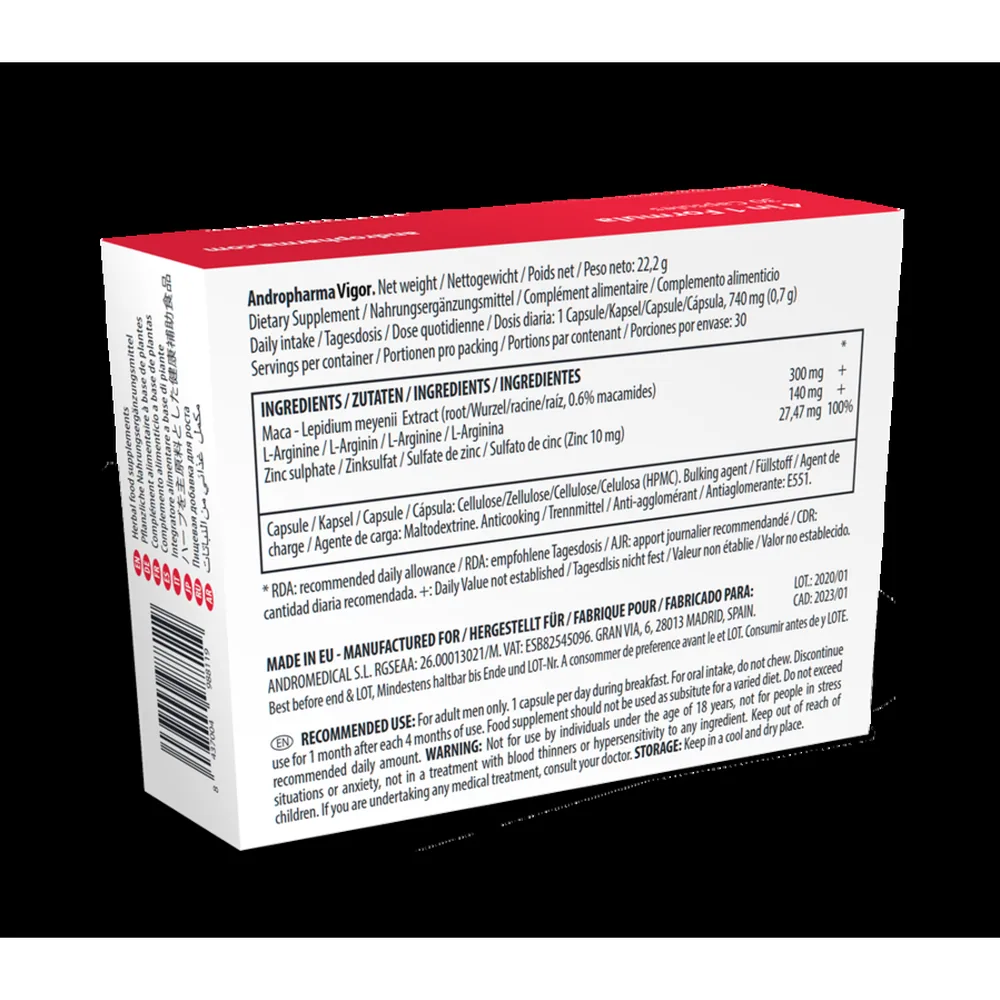 Boîte de complément alimentaire à base de plantes Andro Pharma Vigor rouge, présentant maca et arginine, avec pictogrammes de bénéfices sur fond blanc
