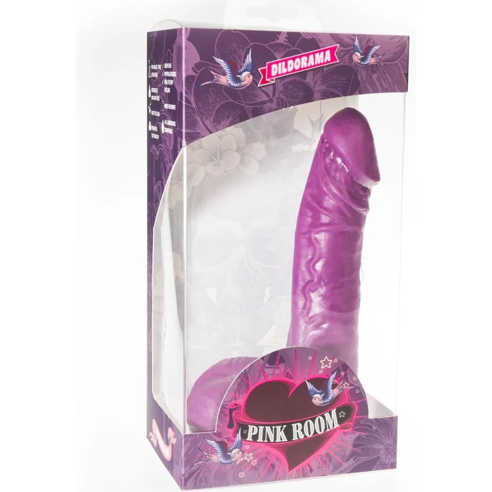 Gode réaliste en latex rose fuchsia brillant, forme longiligne avec base ventouse, sur fond blanc