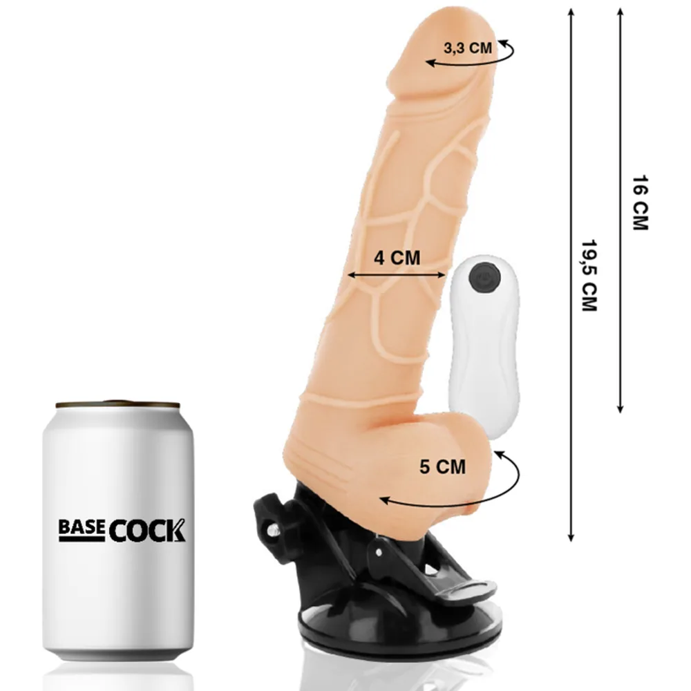 Vibromasseur réaliste en silicone beige avec détails musculés, ventouse noire et télécommande blanche, montré en emballage et en usage autonome