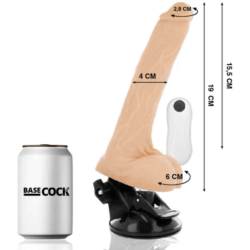 Vibromasseur réaliste en silicone beige clair avec base ventouse noire, télécommande blanche, présenté en boîte blanche avec emballage et accessoires