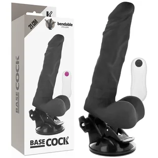 Vibromasseur réaliste noir flexible avec base ventouse noire, télécommande blanche et emballage gris montrant le produit en détail