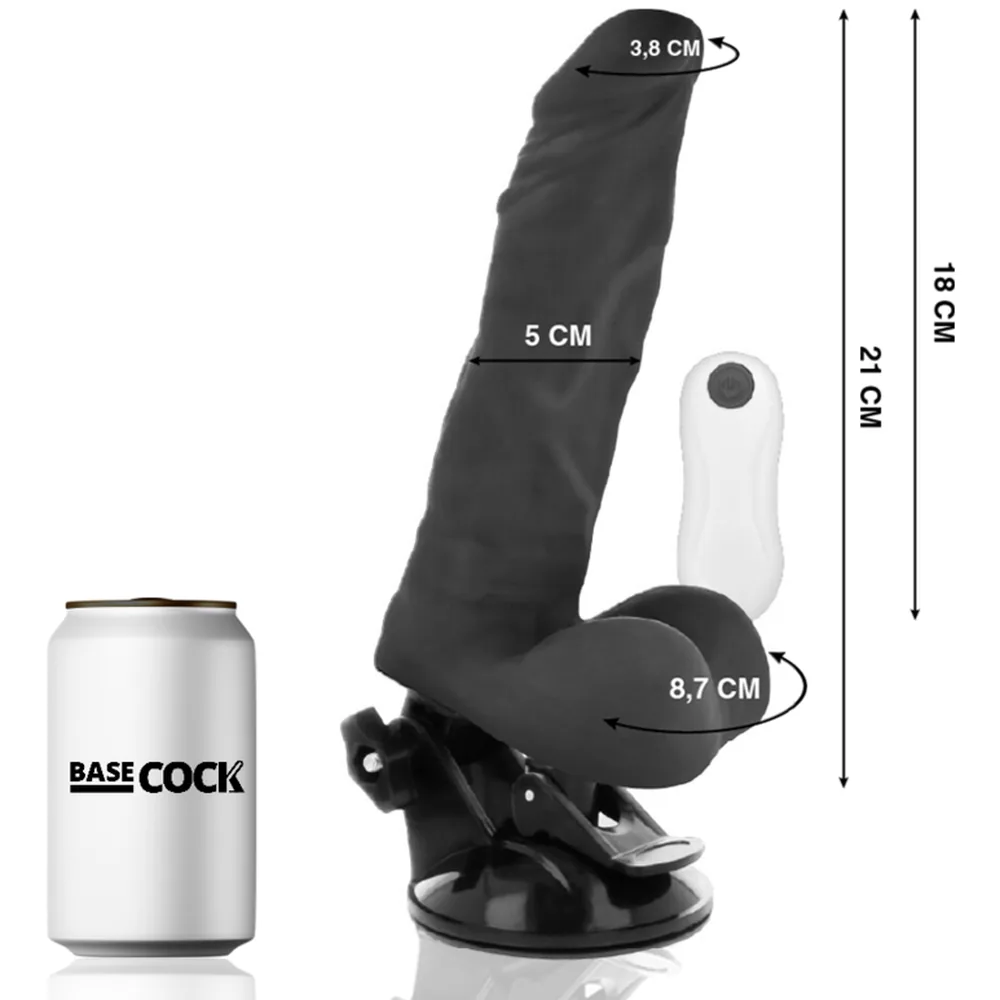 Vibromasseur réaliste noir flexible avec base ventouse noire, télécommande blanche et emballage gris montrant le produit en détail