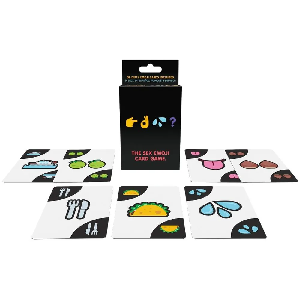 Emballage noir du jeu de cartes Sex Emoji avec 12 cartes étalées montrant des emoji suggestifs en couleurs : lèvres roses, tacos, gouttes bleues, symboles coquins sur fond blanc et noir
