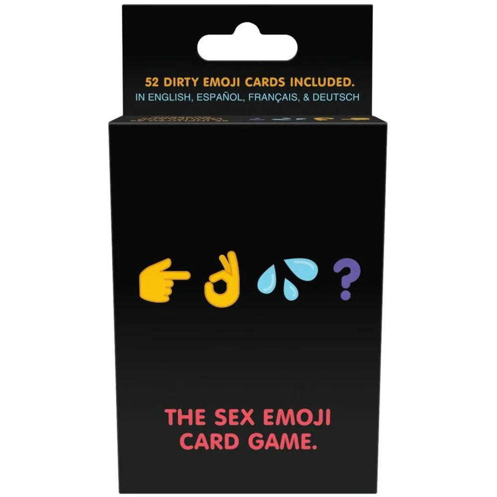 Emballage noir du jeu de cartes Sex Emoji avec 12 cartes étalées montrant des emoji suggestifs en couleurs : lèvres roses, tacos, gouttes bleues, symboles coquins sur fond blanc et noir