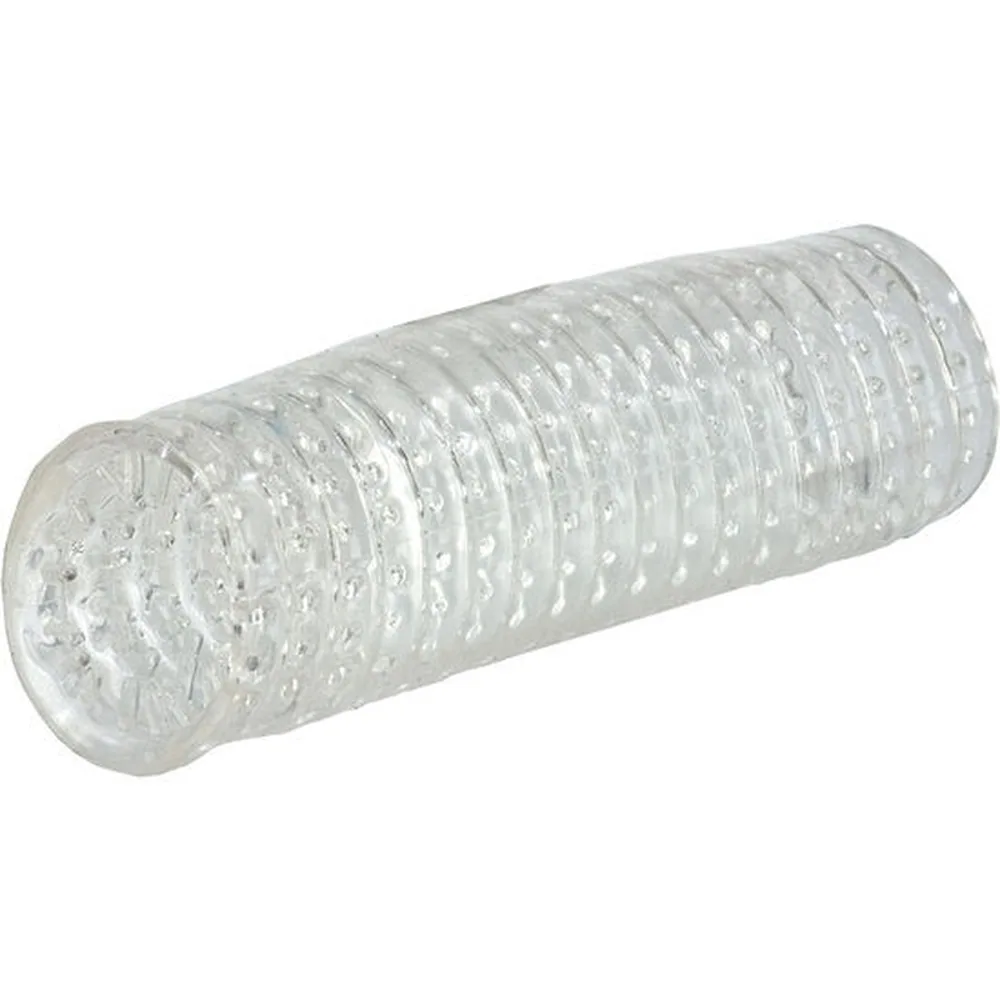Emballage du masturbateur Hand Job Stroker avec illustration cartoon et gaine transparente en silicone texturée de protubérances visibles en dessous