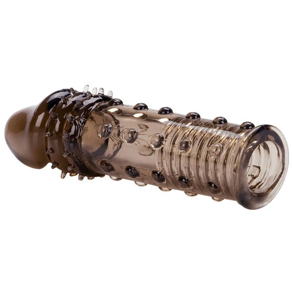 Gaine de pénis en silicone transparent fumé, texture hérissée de picots et bandes nervurées, bout arrondi fermé, colliers de serrage métalliques à la base