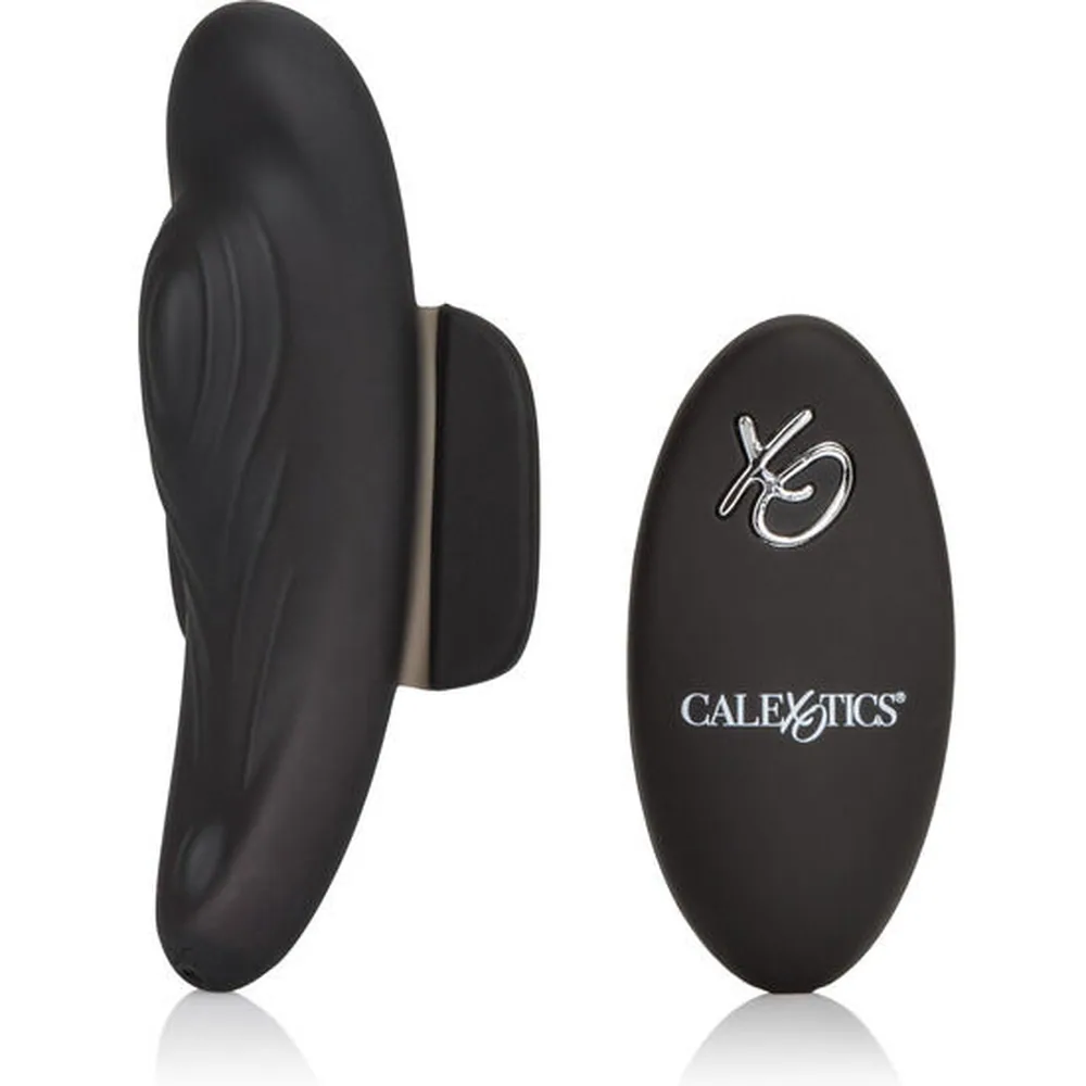 Œuf vibrant noir rechargeable avec télécommande ovale noire portant le logo Calextics, vue de profil et de face