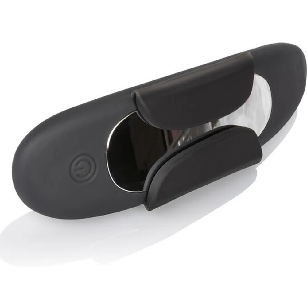 Œuf vibrant noir rechargeable avec télécommande ovale noire portant le logo Calextics, vue de profil et de face