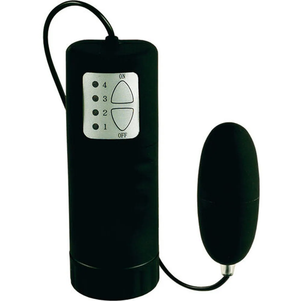 Vibromasseur noir œuf avec télécommande filaire, commandes numérotées de 1 à 4 et curseur ON/OFF sur boîtier rectangulaire noir