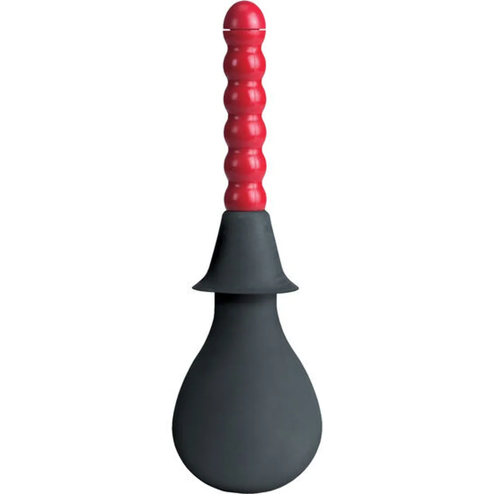 Douche anale avec poire noire souple, tige rouge cannelée et deux embouts interchangeables visibles, sur fond blanc