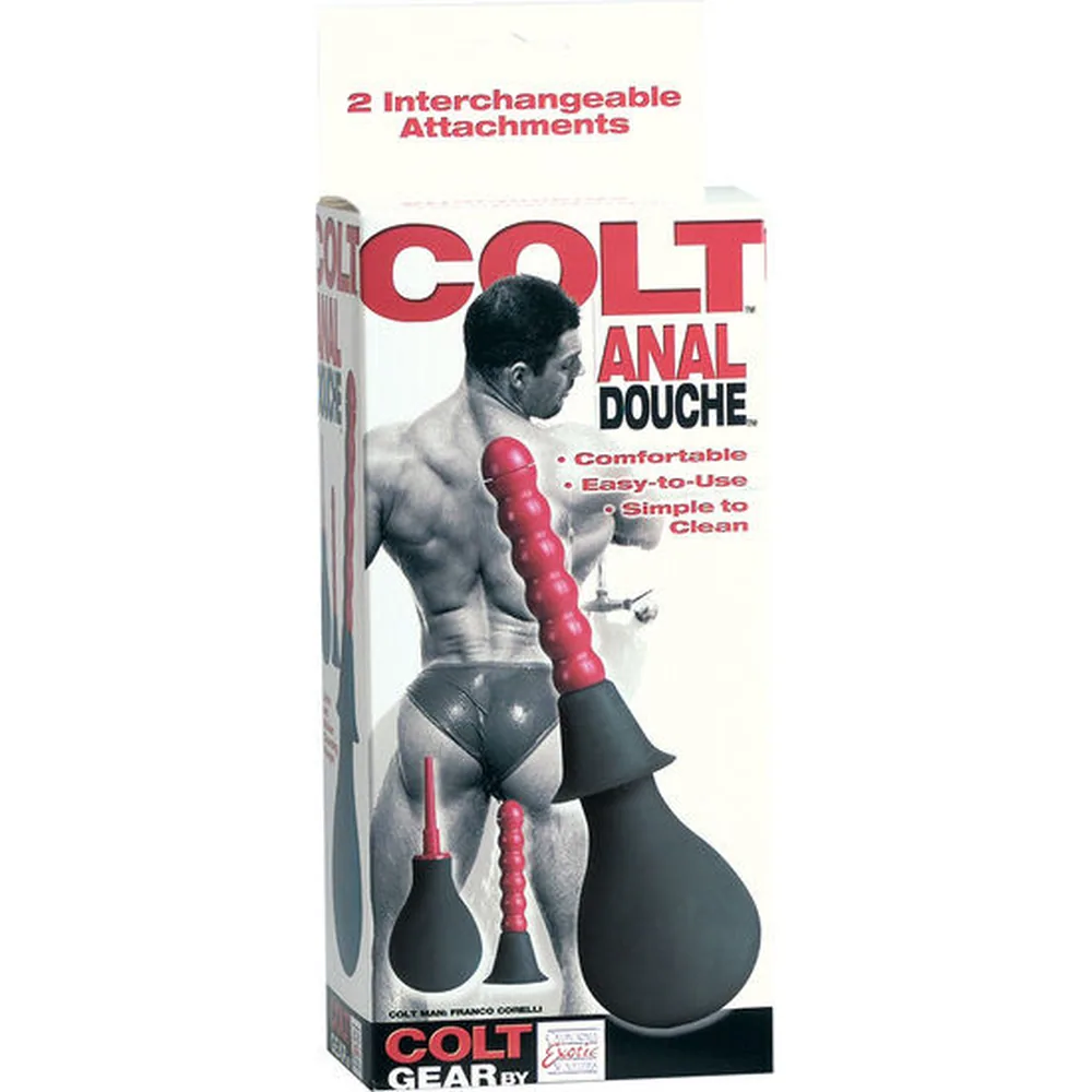 Douche anale avec poire noire souple, tige rouge cannelée et deux embouts interchangeables visibles, sur fond blanc