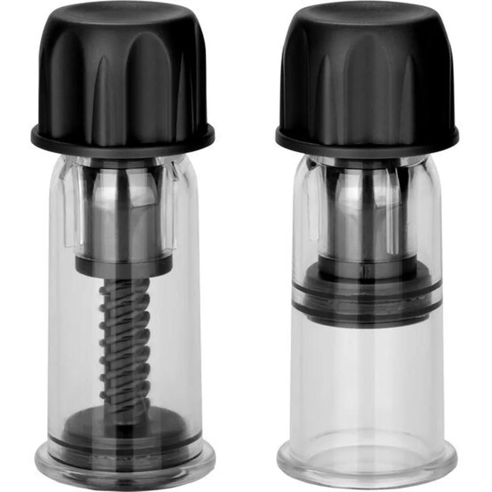 Deux pinces à seins transparentes avec capuchon noir, l'une à vis filetée visible, l'autre avec mécanisme à anneau, fond blanc