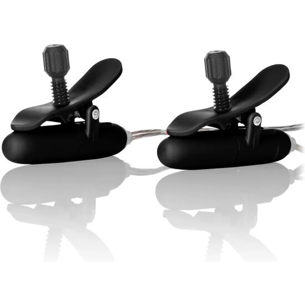 Pinces à seins noires avec commande de contrôle ovale noire, câble gris et deux têtes de pinces circulaires noires munies de molettes d'ajustement