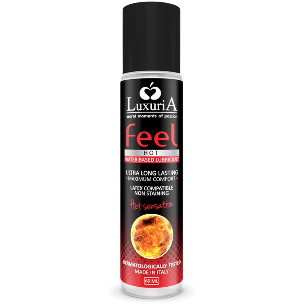 Flacon de lubrifiant Luxuria Feel Hot 60 ml, à base d'eau, avec étiquette noire et rouge montrant un soleil orange et les mentions de compatibilité latex