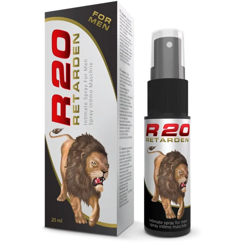 Emballage et flacon pulvérisateur du spray R20 Retarden, spray intime pour hommes de 20 ml, avec étiquette blanche et noire ornée d'un lion, présenté de face