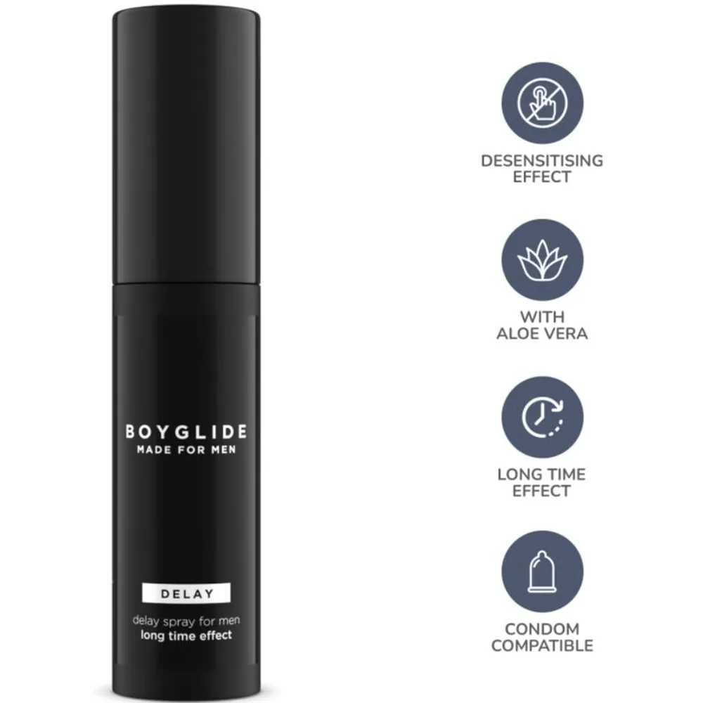 Flacon de spray retardant Boyglide noir cylindrique de 20 ml, étiquette blanche « DELAY », accompagné d'icônes indiquant aloe vera, effet long terme, et compatibilité préservatif