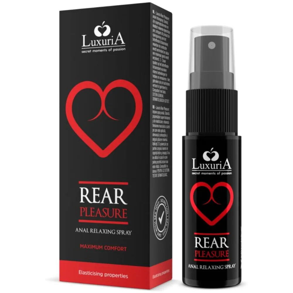 Emballage noir et rouge du spray anal relaxant Rear Pleasure de Luxuria avec flacon noir à pompe sur fond blanc