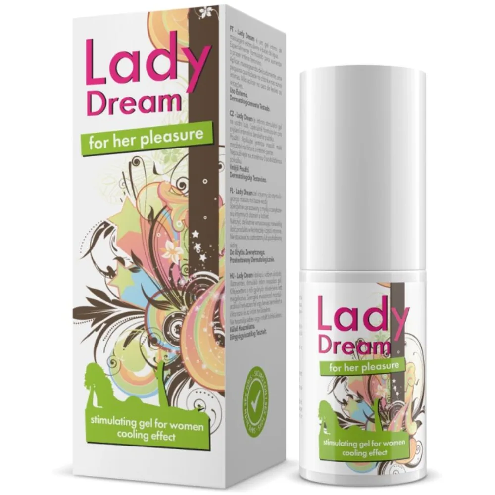 Emballage et flacon de gel stimulant Lady Dream, boîte blanche et marron avec motifs floraux colorés, flacon blanc avec pompe doseuse