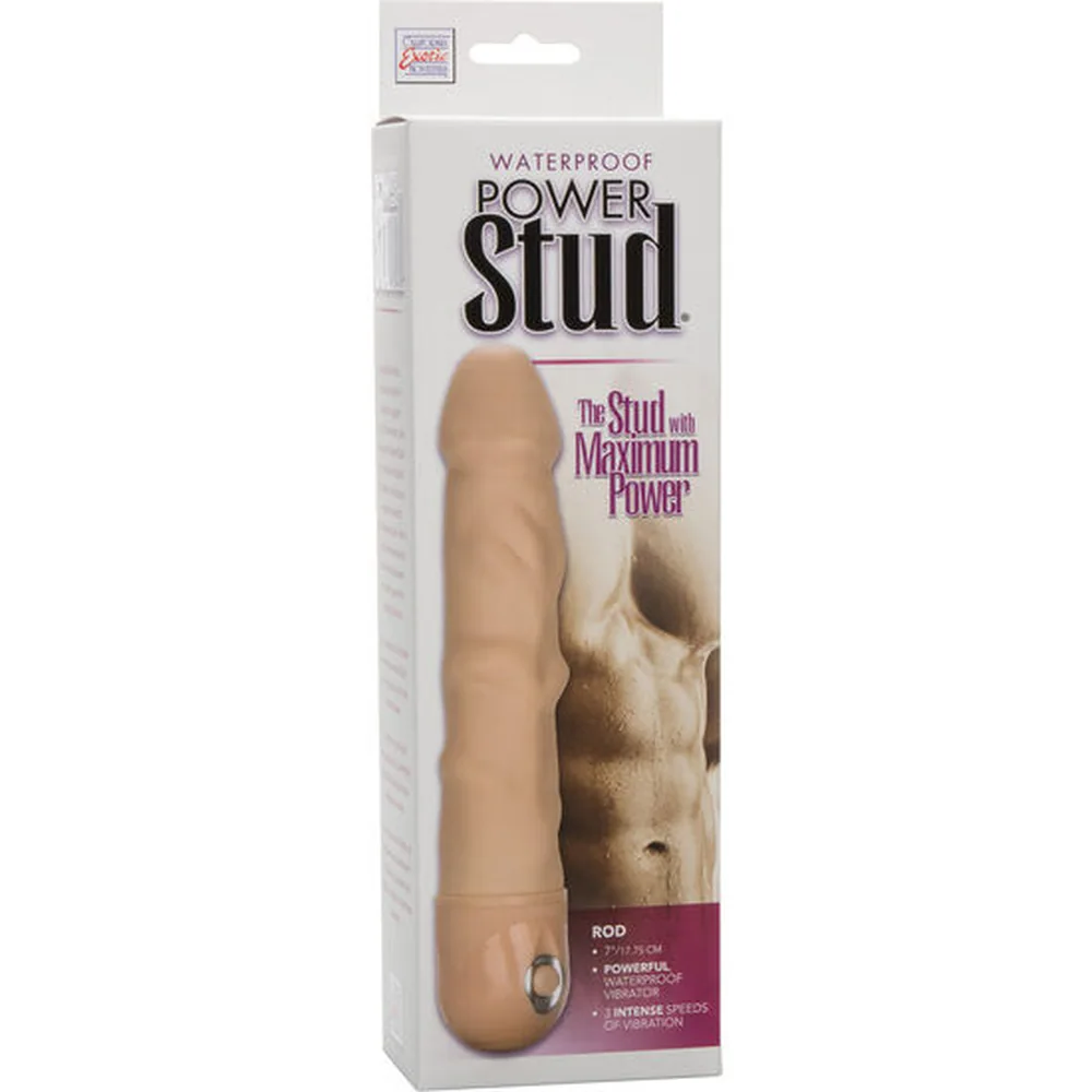 Vibromasseur beige à crêtes avec tige nervurée, embout arrondi et commande de contrôle sur le socle, fond blanc