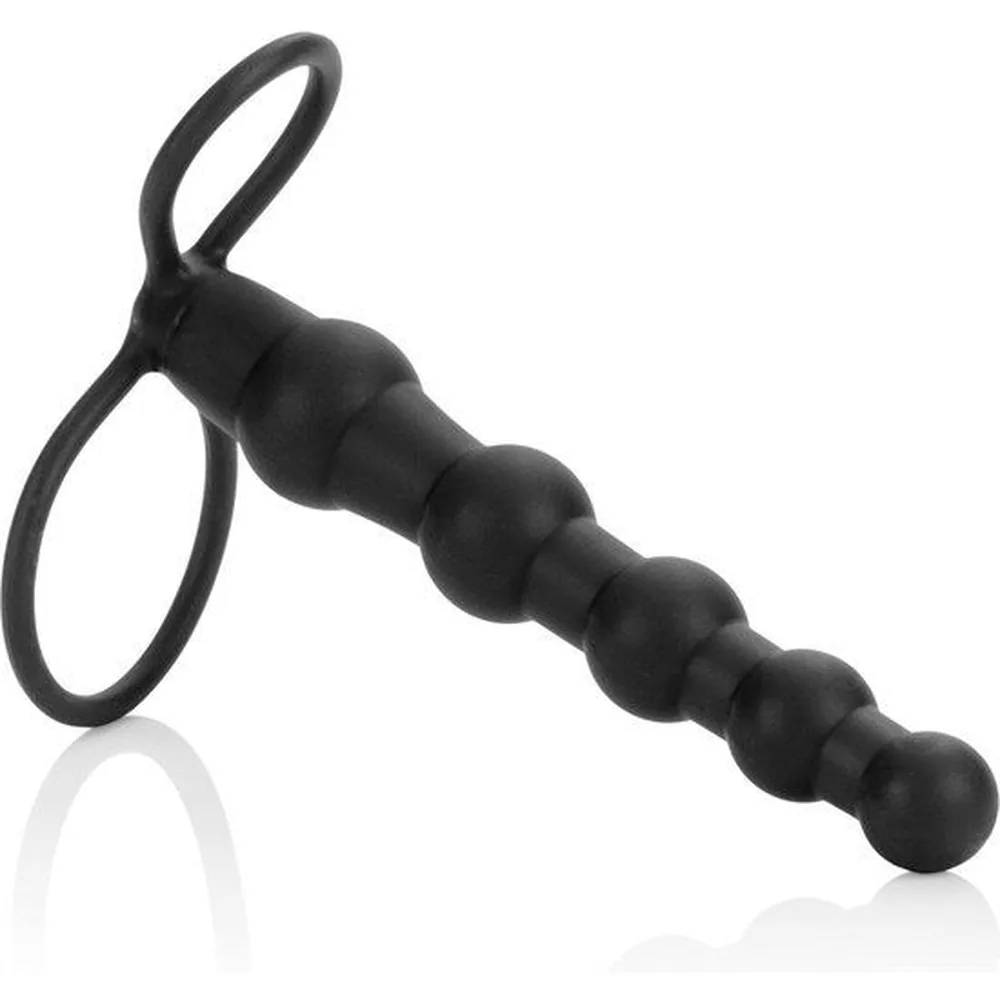 Double godemichet en silicone noir avec anneaux péniens, partie perlée et tête arrondie, sur fond blanc