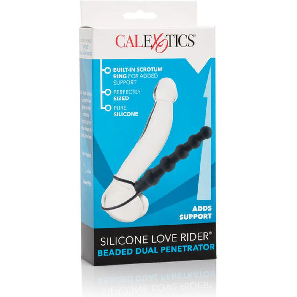 Double godemichet en silicone noir avec anneaux péniens, partie perlée et tête arrondie, sur fond blanc
