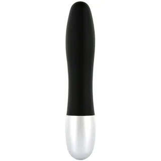 Vibromasseur aux formes épurées, corps noir et extrémité inférieure argent métallisé, sur fond blanc