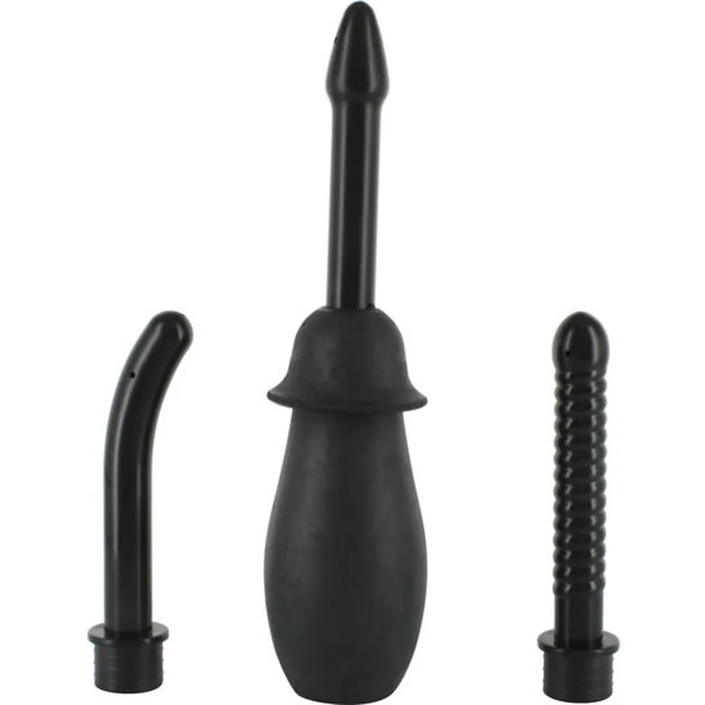 Ensemble de nettoyage anal composé d'une poire noire et trois buses interchangeables : une droite courbe, une bulbeuse centrale, une avec relief granulé, sur fond blanc