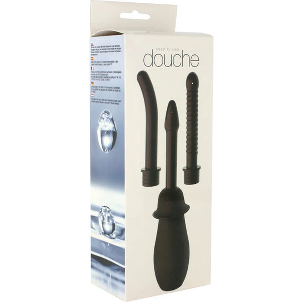 Ensemble de nettoyage anal composé d'une poire noire et trois buses interchangeables : une droite courbe, une bulbeuse centrale, une avec relief granulé, sur fond blanc