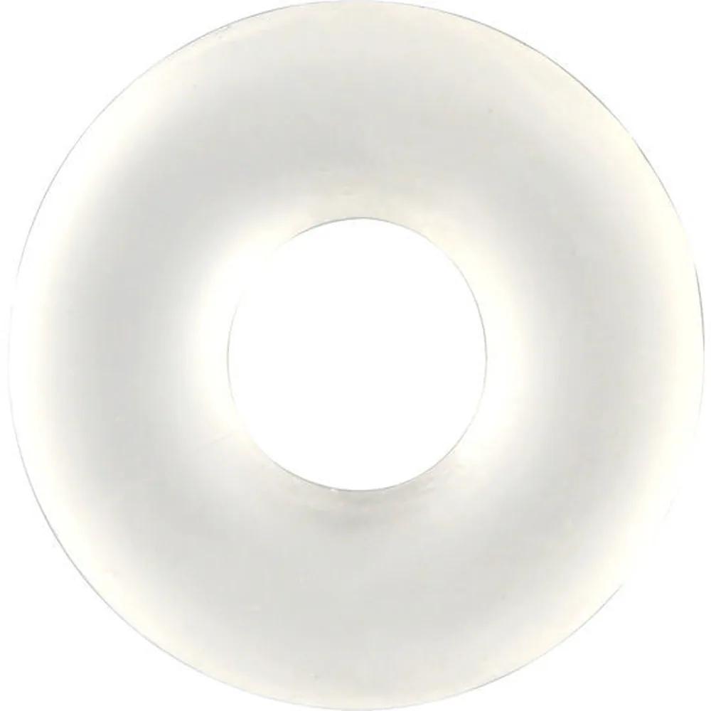 Anneau pénien transparent de forme ronde et simple, en silicone souple, photographié sur fond blanc